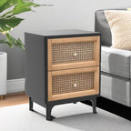COZAYH Set of 2 Fully-Assembled 2-Drawer Woven Cane Front Accent Nightstand with Brass Knobs, Black - color: Black, style: 2 Drawer/2 pack