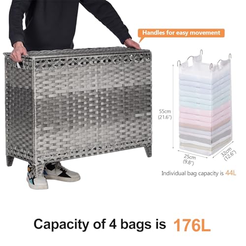 Laundry Hamper with 4 Removable Liner Bags; 176L Handwoven Rattan Laundry Basket with Lid & Heightened Feet; Clothes Hamper with Side Handles - color: Gray, size: 176L-4 Section