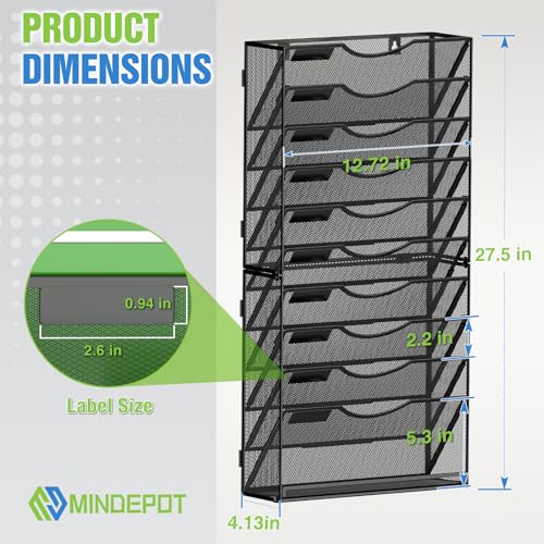MINDEPOT 11 Tier Wall File Holder Hanging Wall Mount Paper File Organizer for Mails Folders Document Magazine Organization, for Office School Home, Black - size: 11Tier
