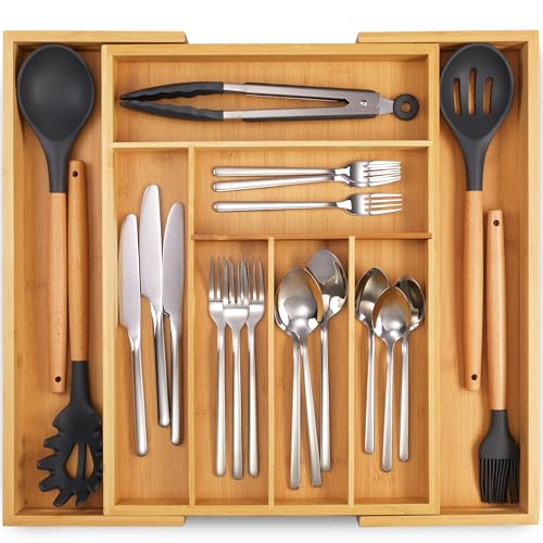 Masirs Expandable Bamboo Kitchen Drawer Organizer - Adjusts to Fit Drawer Size, Ideal for Silverware, Utensils, and Office Supplies, Durable Bamboo Construction - color: Brown