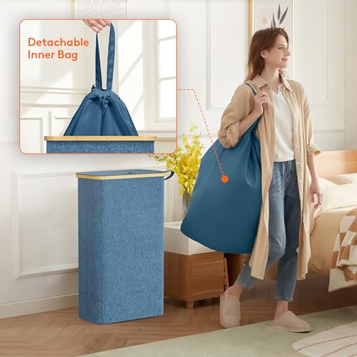 Lifewit 65L Slim Laundry Hamper with Lid, Narrow Laundry Basket with Removable Bag & Bamboo Handles, Fodable Thin Dirty Clothes Hamper for Laundry Collapsible Bin for Bathroom Bedroom Dorm, Dark Blue - color: Dark Blue, size: 65L