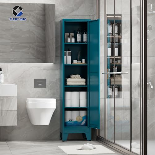 COFaR 67'' Tall Slim Bathroom Storage Cabinet, Metal Narrow Pantry Cabinet with 4 Adjustable Shelves and One Door, Skinny Cabinet Storage for Kitchen Laundry, Peacock Blue Farmhouse 5 Tiers - color: Peacock Blue, size: 67 Tall 1 Door