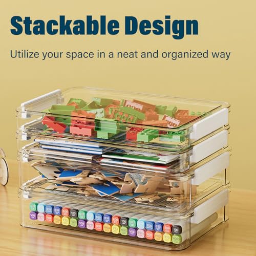 4 Pack 5.5qt 9 x 13 Clear Plastic Storage Box with Snap-Tight Latch, Stackable Organizer Container for A4 Files, Photos, Documents, Scrapbook, Crafts, and Art Supplies,Clear Storage Box With Lids