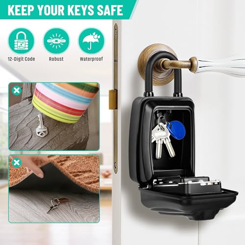 Key Lock Box for Outside, Sturdy Waterproof Hanging Lock Box for House Key, 12-Digit Combination Resettable Large Capacity Security Lockbox for Home, Garage, Office, Warehouse - color: B-Black