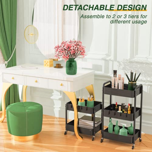 LEHOM 3 Tier Rolling Storage Cart, Metal Trolley Utility Cart with Wheels & Hooks, Easy Assembly Organizer Storage Cart for Bathroom Kitchen Office Bedroom - color: Black