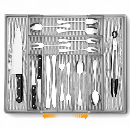 1 Pcs Utensil Drawer Silverware Organizer, Metal Mesh Expandable 13" ~24" Kitchen Drawer Organizer, 7-9 Slots Cutlery Tray Dividers for Kitchen Flatware Christmas Housewarming Gift (Sliver) - color: Sliver