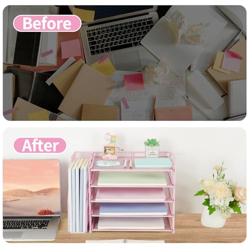 AUPSEN Pink Desk Organizers and Accessories, 5-Tier Desktop Paper File Organizer with Removable File Holder, Desk Accessories & Workspace Organization for Home Office Supplies (Pink) - color: Pink