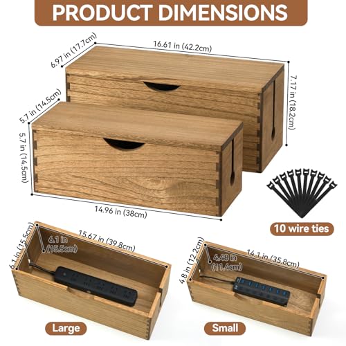 KIRIGEN Wooden Cable Management Box Set of 2 - Solid Wood Large & Small Cord Organizer Hides Power Strips, Chargers & Wires for Desk, TV Stand, Home Office Brown DXH2T-DBR - color: Dark brown