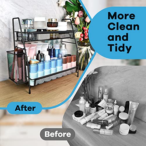 SPISPI Bathroom Organizer Countertop, Spice Rack Organizer for Cabinet,Bathroom Counter Organizer, Kitchen Countertop Organizer (Pack of 2) - color: Black with Basket, size: 14.17 x 12.72 x 5.55 inches (Pack of 2)