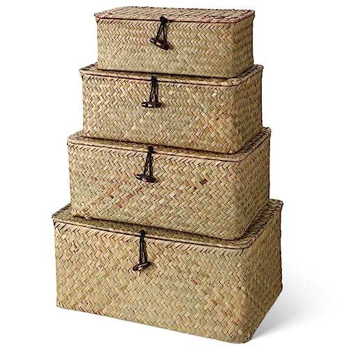 Woanger Set of 4 Wicker Storage Baskets Organizer，Handwoven Storage Bins with Lid for Organizing, Home Utility Box for Home Office Supplies Multipurpose Container(Natural Color) - color: Natural Color
