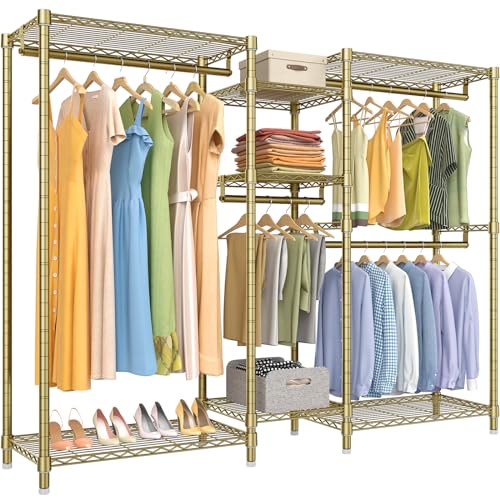 VIPEK Classic V6 Wire Garment Rack Heavy Duty Clothes Rack with 7 Adjustable Shelves & 4 Hanging Rods, Compact DIY Metal Clothing Racks 68.9" L x 15.7" W x 76.4" H, Max Load 840LBS, Gold - color: Gold, size: Classic V6 Standard