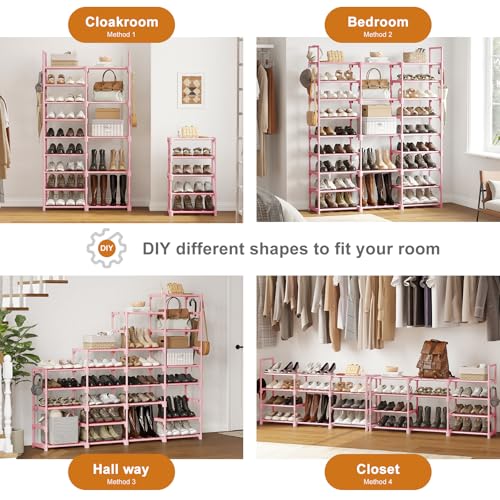WOWLIVE 9 Tiers Shoe Rack Shoe Storage Shoe Organizer 50-55 Pairs Shoe Tower Unit Shelf Durable Metal Pipes with Plastic Connectors Stackable Cabinet Pink - color: Pink, size: 3 Row 9 Tier