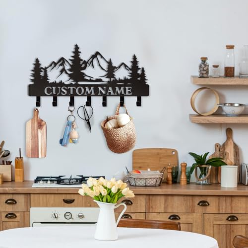 Dyoart Personalized Custom Mountain Theme Key Holder with Name, Metal Wall Mount, Coat Rack, Key Hooks, Home Decor Gift - color: 05 Mountain