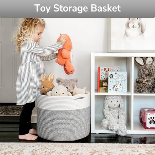 Goodpick Blanket Basket, 15.8"x15.8"x13.8" Woven Rope Basket for Blankets, Kids Toy Storage Organizer Bins, Toy Storage for Nursery, Light & Grey - color: Light Grey, size: 15.8x15.8x13.8 Inch (Pack of 1)