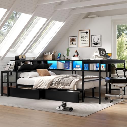 Corner Bed Frame Queen with Storage Bookshelf & Desk, U-Shaped Daybed Frame with 2 Drawers, Metal Corner Beds with Charging Station & LED Lights for Bedroom, Flip Left or Right (Black, Queen) - color: Black, size: Queen