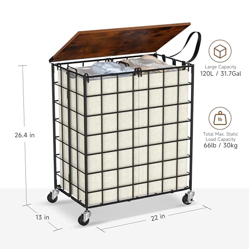 Laundry Basket with Wheels, Heavy Duty Laundry Sorter 2 Sections, 120L (32Gal.) Large Capacity Laundry Hamper with Wood Lid, 360 Rolling Wheels, Extra Side Pocket, Leather Pull Handle, Beige - color: Beige, size: 120L