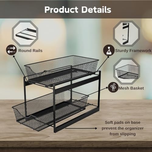 IBERG 2 Tier Bathroom Organizer with Pull Out Drawer, Under Sink Storage Organizer for Kitchen Cabinet, Metal Sliding Basket (Black)