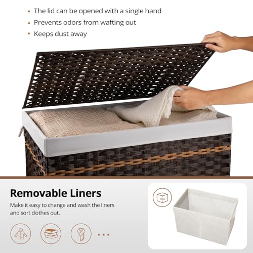 OIAHOMY Storage Basket with Lid, 42.3 Gallon (160L) Blanket Basket with Removable Liner Bag, Synthetic Wicker Hamper with Handle, Hamper for Living Room, Brown - color: Brown, size: 160L