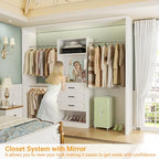 Unikito 48" W - 96” W Closet System with Mirror, 8FT Walk in Closet Organizer Kits with Drawers and 3 Extendable Hanging Rod, Sturdy Wood Clothing Garment Rack with 25” Tower, Max Load 1000 LBS, White - color: White