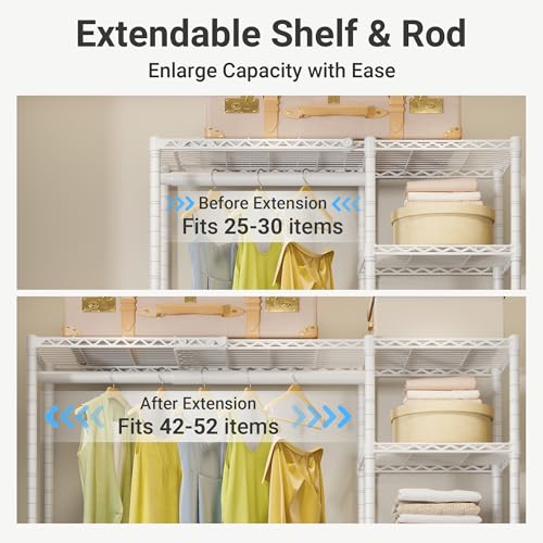 VIPEK X2 Expandable Reach-in Closet Racks Adjustable from 3'3" to 4'8" Portable Open Walk-in Closet Rack System with Flexible Shelves and Hanger Rods Clothing Rack for Hanging Clothes, White - color: White