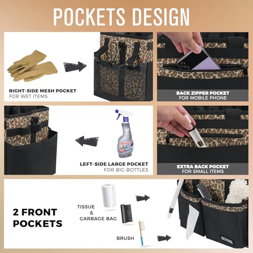 SCAVATA Compact Wearable Cleaning Caddy, Small Cleaning Supplies Organizer with Handle & Shoulder Straps for Housekeepers, under Sink & Car Cleaning Tool Organizers Bag (Leopard) - color: Leopard