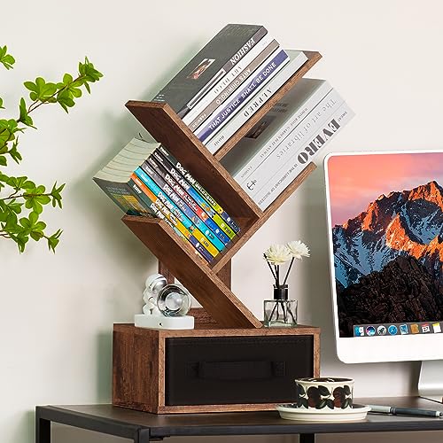 SHEEPAM Small Bookshelf with Drawer,4 Tier Tree Book Shelf,Wood Desk Bookshelves,Modern Free Standing Desktop Display Shelves,Brown Floor Standing Organizer Bookcase for Living Room,Bedroom,Office - color: Retro Brown, size: 4 Tier