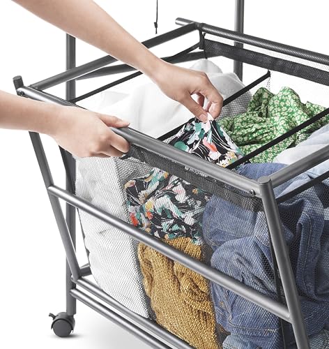Whitmor Triple Laundry Sorter with Ironing & Folding Table - Rolling Laundry Sorter with Ironing Table - Gunmetal - size: 3 Section lroning Board，Black