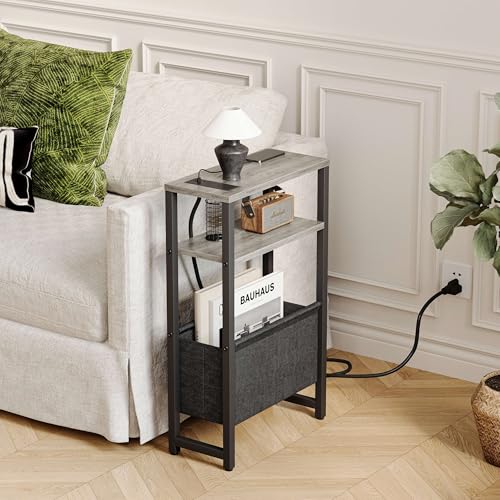 Narrow Side Table with Charging Station Slim End Table Sofa with Magazine Rack, Bedside Table for Small Spaces, 3 Tier Nightstand for Living Room Couch, Bedroom Oak Grey LET503QE - color: Oak Grey