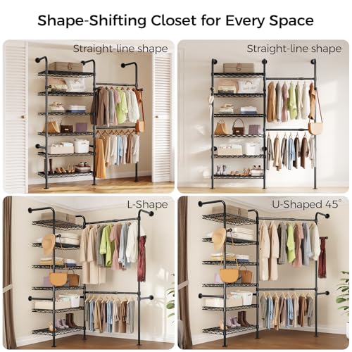 Closet Organizers and Storage, 2-Row Heavy Duty Garment Rack Clothes Rack for Hanging Clothes, Wall Mounted Closet System with 2 Telescopic Rods, 3 Hooks, 6 Shelves for Wardrobe, Bedroom, Small Space - style: 2-Row