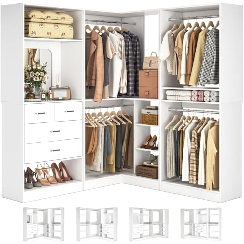 Unikito 86” Closet System, Large Corner Closets Organizer with Hanging Rods and Mirror Design, Freestanding Adjustable Wood Clothes Garment Rack with Drawers, Sturdy Walk in Closet Tower, White