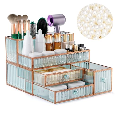 Makeup Organizer Countertop - Tempered Glass Vanity Organizer for Cosmetics, Skincare, Hair Tools, Brushes, Perfume - Multipurpose Bathroom Counter Skincare Organizer - color: green