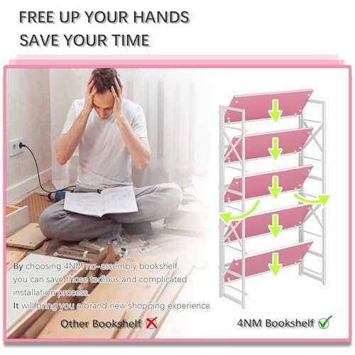 4NM Extra Wide 5 Tiers No Assembly Book Shelves, 51.2" H Folding Bookshelf Bookcase Open Industrial Foldable Shelves for Bedroom, Living Room, Home Office - Pink White - color: Pink White, size: Wide XX 5-Tier