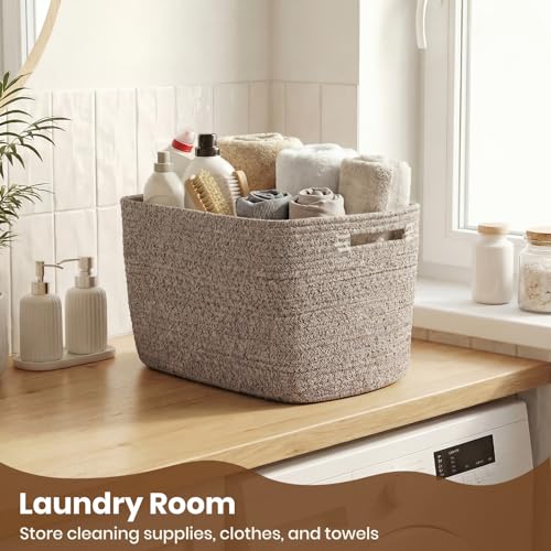 Storage Baskets for Organizing, 14 x 10 x 9” Closet Shelf Woven Baskets, Square Bins with Handles, Cotton Rope Basket for Toys, Clothes, Office, Room, Brown 1 Pack - color: Brown, size: 1pc