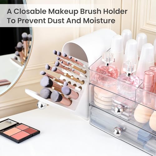 Makeup Organizer,Vanity Organizer with Makeup Brush Holder,Large Skincare Organizers with Drawers,Bathroom Countertop Organizer,Storage Lipstick,Perfume,Nail Polish,Beauty,Mothers Day Gifts - color: White