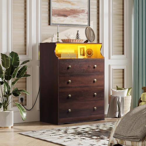 WLIVE LED Dresser for Bedroom, Tall Wood Dresser with 4 Drawers and Open Shelf, Chest of Drawers with Power Outlet for Living Room, Hallway, Closet, Rustic Brown - color: Brown, size: 4 Drawers