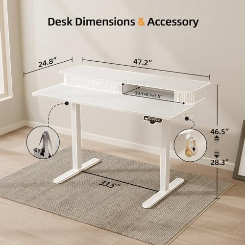 JOY worker Height Adjustable Electric Standing Desk with Storage Shelves, 48 Inch Table with Built-in Monitor Stand, Sit Stand Desk with 2 Hooks for Home Office, White - color: White, size: 48inch