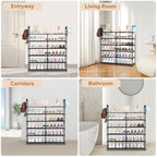 2-Row 6-Tier Stackable Shoe Rack, Black Metal Shoe Shelf with Multifunctional Hooks, Hold 24-30 Pairs, Space Saving Shoes Organizer for Closet,Show Rack - size: 2 Row 6 Tier