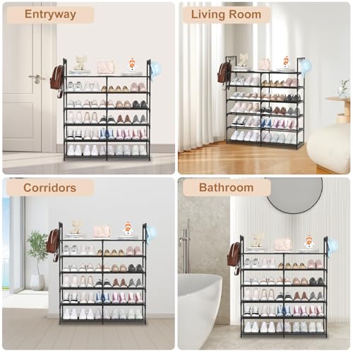 2-Row 6-Tier Stackable Shoe Rack, Black Metal Shoe Shelf with Multifunctional Hooks, Hold 24-30 Pairs, Space Saving Shoes Organizer for Closet,Show Rack - size: 2 Row 6 Tier