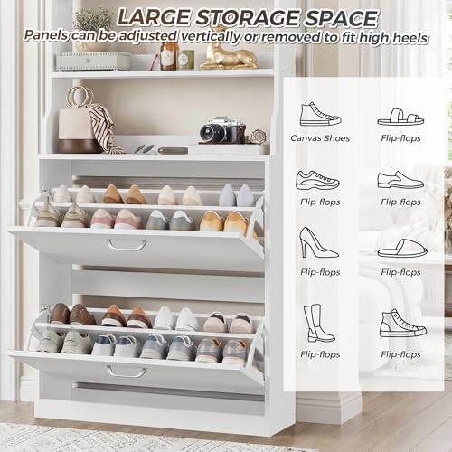 IRONCK Tall Shoe Cabinet with 2 Flip Drawers, Narrow Hidden Shoe Storage Cabinet with Shelves, Slim Freestanding Shoe Organizer for Entryway, Hallway, White - color: White