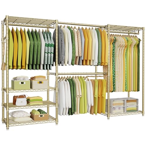 Ulif E1 Heavy Duty Closet Garment Rack, 6 Tiers Adjustable Metal Freestanding Expandable Clothing Storage with 4 Hanger Rods, Easy to Assemble Wardrobe, 71.4" H x (70" - 88.2") L x 14" D, Gold - color: Gold