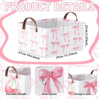 Boao 3 Pcs Coquette Pink Bow Storage Bin Collapsible Large Storage Baskets for Gifts Empty Candy Holiday Decor Canvas Laundry Basket Foldable Box with Handle for Office Home Bedroom Clothes - style: Bow and Cherry