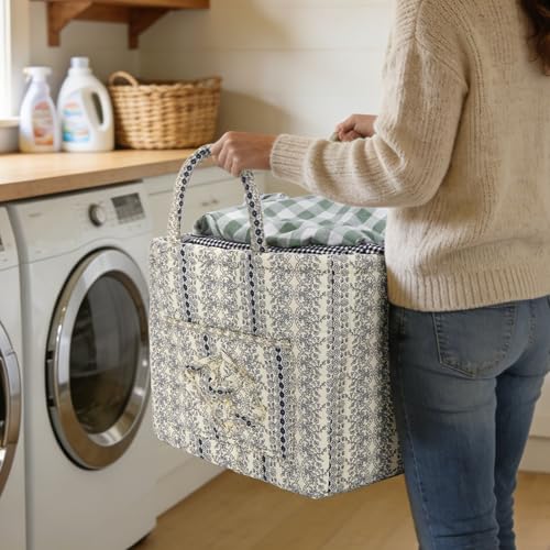 Quilted Fabric Basket Foldable Car Storage Boho Floral Laundry Basket Hamper for Nursery Bedroom & Living Room | Organize Clothes Toys - color: Blue-Print Vine