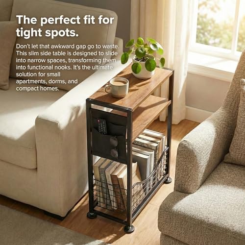 Skinny Side Table with Storage, 3 Tier Slim Side Tables for Small Spaces, Skinny End Table Narrow Bedside Table Narrow Side Table for Living Room, Bedroom - color: Rustic Brown