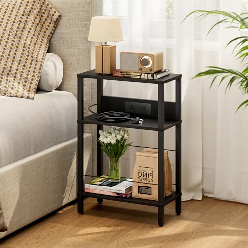 DGSANDGO Black Narrow Side Table - Nightstand with Charging Station (2 USB + 1 AC Outlet) & Drawer, Mute Wheels for Nordic Style/Bedroom/Living Room (Black) - color: Black, size: Drawer Wide-24.4"H 1 PC
