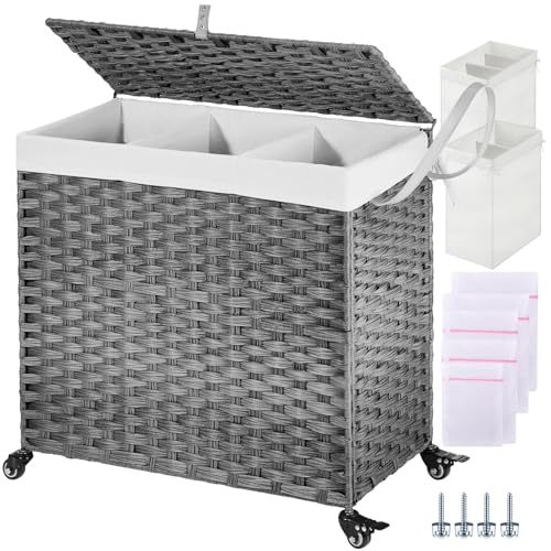 GREENSTELL Laundry Hamper with Wheels&Lid, 130L Large 3 Sections Clothes Hamper with 2 Types Removable Liner Bags, 5 Mesh Laundry Bags, Handwoven Divided Laundry Basket Gray - color: Gray, size: 130L: 25.6x13.0x25.7 Inches