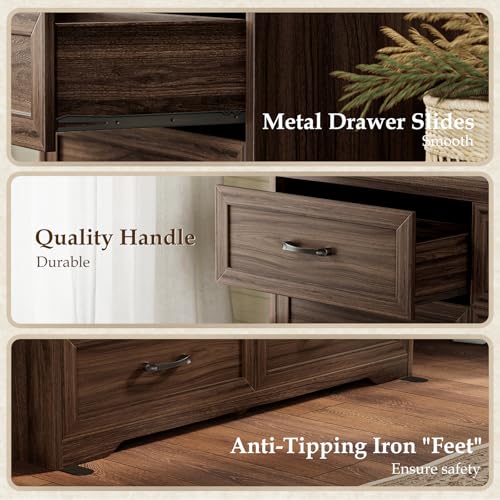 AODK Farmhouse 6 Drawer Dresser for Bedroom, 47” Wide Rustic Storage Dresser with Engineered Wood Frame, Anti-Tip Safety Chest, American Country Bedroom Furniture, Walnut - color: Walnut, size: 15.7"D x 47"W x 30.4"H (6 Drawers)