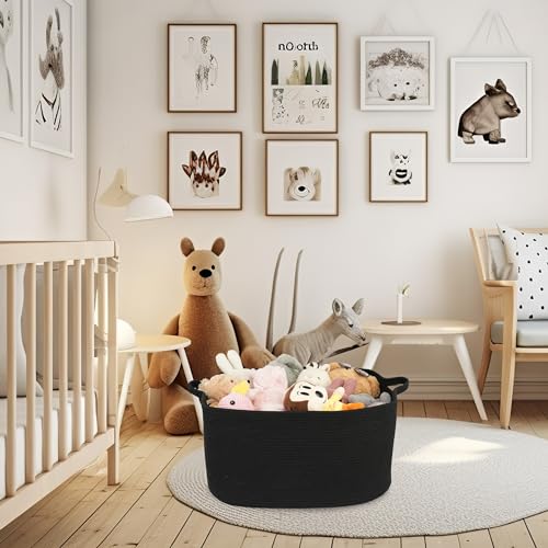 XUANGUO Large Rectangle Blankets Basket Living Room 22"x17"x12" Woven Cotton Rope Storage Baskets for Nursery Toy Baskets for Kids and Dogs Wicker Laundry Basket Bin for Clothes Towels black - color: black