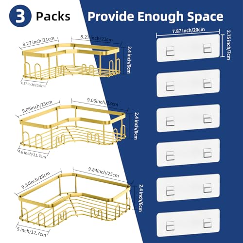 Menbyci 3 Pack Corner Shower Caddy, Adhesive Bathroom Shelves with 18 Hooks, Drill-Free & Quick-Dry Shower Organizer with Large Capacity, Rustproof Stainless Steel Bathroom Corner Storage Rack, Gold - color: Gold, size: 3 packs