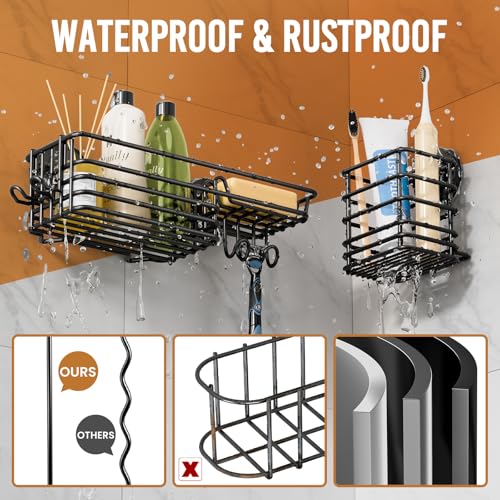 LEVERLOC Shower Caddy Suction Cup, 3 Pack Heavy Duty Bathroom Organizer for Inside Shower with Hooks & Soap Holder, Removable Bathroom Holder, Rustproof Black Storage - color: Black, size: 3 × Medium