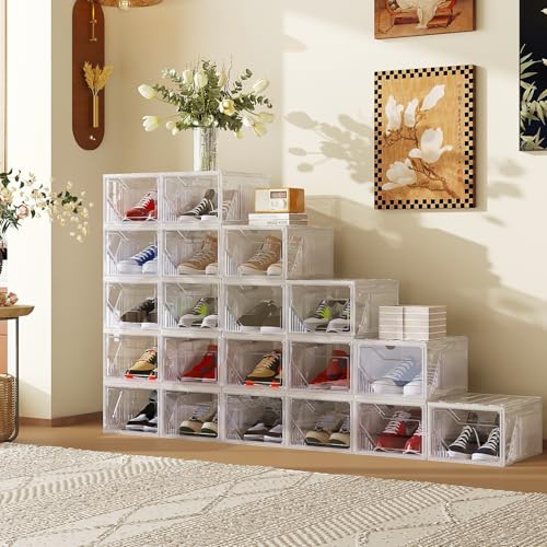 AWTATOS Shoe Storage Boxes, Thickened Shoe Storage Organizer with Clear Magnetic Door, Stackable Shoe Container with Lids, Collapsible Large Shoe Rack, Fit up to US Size 15, 6 Pack - size: 6 pack